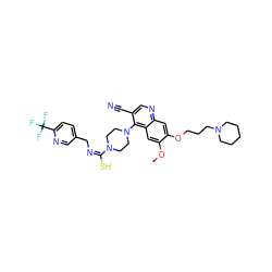 COc1cc2c(N3CCN(/C(S)=N\Cc4ccc(C(F)(F)F)nc4)CC3)c(C#N)cnc2cc1OCCCN1CCCCC1 ZINC000028385860