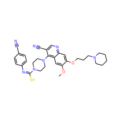 COc1cc2c(N3CCN(/C(S)=N\c4ccc(C#N)cc4)CC3)c(C#N)cnc2cc1OCCCN1CCCCC1 ZINC000101017730