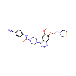 COc1cc2c(N3CCN(C(=O)Nc4ccc(C#N)cc4)CC3)ncnc2cc1OCCN1CCSCC1 ZINC000027215107