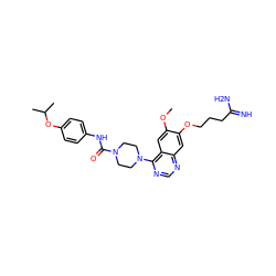 COc1cc2c(N3CCN(C(=O)Nc4ccc(OC(C)C)cc4)CC3)ncnc2cc1OCCCC(=N)N ZINC000013475690