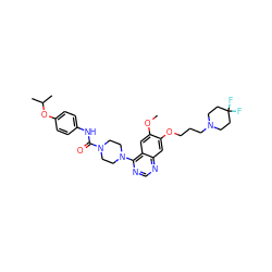 COc1cc2c(N3CCN(C(=O)Nc4ccc(OC(C)C)cc4)CC3)ncnc2cc1OCCCN1CCC(F)(F)CC1 ZINC000027211630