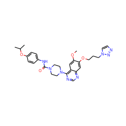 COc1cc2c(N3CCN(C(=O)Nc4ccc(OC(C)C)cc4)CC3)ncnc2cc1OCCCn1ccnn1 ZINC000027209039