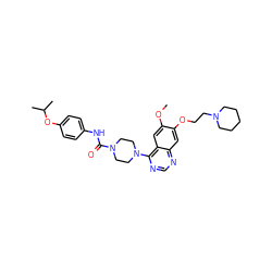 COc1cc2c(N3CCN(C(=O)Nc4ccc(OC(C)C)cc4)CC3)ncnc2cc1OCCN1CCCCC1 ZINC000027203743