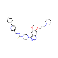 COc1cc2c(N3CCN(C(=S)NCc4ccc(-c5ccccc5)nc4)CC3)ncnc2cc1OCCCN1CCCCC1 ZINC000028385740