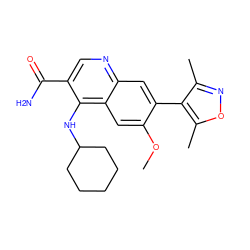 COc1cc2c(NC3CCCCC3)c(C(N)=O)cnc2cc1-c1c(C)noc1C ZINC000084635923