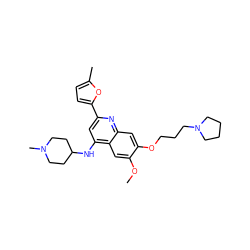 COc1cc2c(NC3CCN(C)CC3)cc(-c3ccc(C)o3)nc2cc1OCCCN1CCCC1 ZINC001529012649