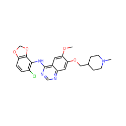 COc1cc2c(Nc3c(Cl)ccc4c3OCO4)ncnc2cc1OCC1CCN(C)CC1 ZINC000000594148