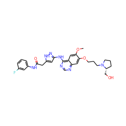 COc1cc2c(Nc3cc(CC(=O)Nc4cccc(F)c4)[nH]n3)ncnc2cc1OCCCN1CCC[C@@H]1CO ZINC000034803048