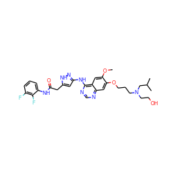 COc1cc2c(Nc3cc(CC(=O)Nc4cccc(F)c4F)[nH]n3)ncnc2cc1OCCCN(CCO)CC(C)C ZINC000034803044