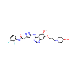 COc1cc2c(Nc3cc(CC(=O)Nc4cccc(F)c4F)[nH]n3)ncnc2cc1OCCCN1CCC(O)CC1 ZINC000034803056