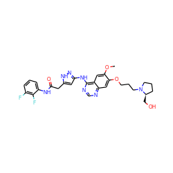 COc1cc2c(Nc3cc(CC(=O)Nc4cccc(F)c4F)[nH]n3)ncnc2cc1OCCCN1CCC[C@H]1CO ZINC000034802974