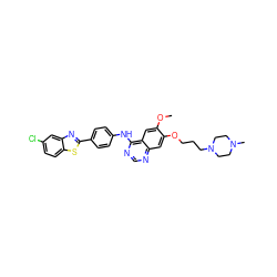 COc1cc2c(Nc3ccc(-c4nc5cc(Cl)ccc5s4)cc3)ncnc2cc1OCCCN1CCN(C)CC1 ZINC000049757397