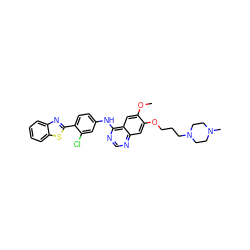 COc1cc2c(Nc3ccc(-c4nc5ccccc5s4)c(Cl)c3)ncnc2cc1OCCCN1CCN(C)CC1 ZINC000049757144