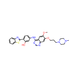 COc1cc2c(Nc3ccc(-c4nc5ccccc5s4)c(O)c3)ncnc2cc1OCCCN1CCN(C)CC1 ZINC000049768156