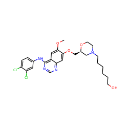 COc1cc2c(Nc3ccc(Cl)c(Cl)c3)ncnc2cc1OC[C@@H]1CN(CCCCCCO)CCO1 ZINC000117122277