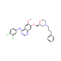 COc1cc2c(Nc3ccc(Cl)c(Cl)c3)ncnc2cc1OC[C@@H]1CN(CCCc2ccccc2)CCO1 ZINC000114824120