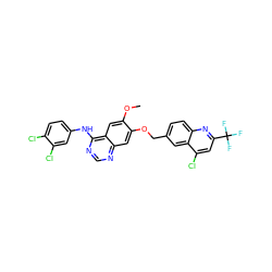 COc1cc2c(Nc3ccc(Cl)c(Cl)c3)ncnc2cc1OCc1ccc2nc(C(F)(F)F)cc(Cl)c2c1 ZINC000114820904