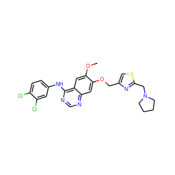 COc1cc2c(Nc3ccc(Cl)c(Cl)c3)ncnc2cc1OCc1csc(CN2CCCC2)n1 ZINC000114821371