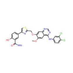 COc1cc2c(Nc3ccc(Cl)c(Cl)c3)ncnc2cc1OCc1nc(-c2ccc(O)c(C(N)=O)c2)cs1 ZINC000114821052