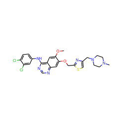 COc1cc2c(Nc3ccc(Cl)c(Cl)c3)ncnc2cc1OCc1nc(CN2CCN(C)CC2)cs1 ZINC000114820797