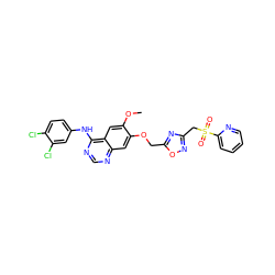 COc1cc2c(Nc3ccc(Cl)c(Cl)c3)ncnc2cc1OCc1nc(CS(=O)(=O)c2ccccn2)no1 ZINC000114821835