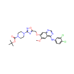 COc1cc2c(Nc3ccc(Cl)c(Cl)c3)ncnc2cc1OCc1nc(N2CCN(C(=O)OC(C)(C)C)CC2)no1 ZINC000114821204