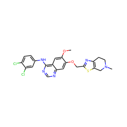 COc1cc2c(Nc3ccc(Cl)c(Cl)c3)ncnc2cc1OCc1nc2c(s1)CN(C)CC2 ZINC000114821539