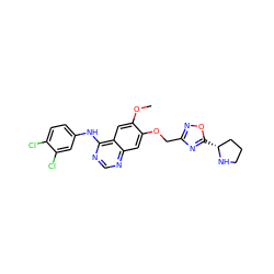 COc1cc2c(Nc3ccc(Cl)c(Cl)c3)ncnc2cc1OCc1noc([C@@H]2CCCN2)n1 ZINC000114820600