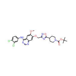 COc1cc2c(Nc3ccc(Cl)c(Cl)c3)ncnc2cc1OCc1noc(C2CCN(C(=O)OC(C)(C)C)CC2)n1 ZINC000114820966