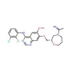 COc1cc2c(Nc3cccc(Cl)c3Cl)ncnc2cc1OC[C@@H]1CN(C(C)=N)CCCO1 ZINC001772605021