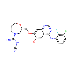 COc1cc2c(Nc3cccc(Cl)c3F)ncnc2cc1OC[C@@H]1CN(C(=N)NC#N)CCCO1 ZINC001772590159