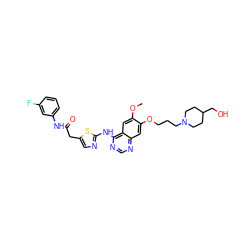 COc1cc2c(Nc3ncc(CC(=O)Nc4cccc(F)c4)s3)ncnc2cc1OCCCN1CCC(CO)CC1 ZINC000003948750