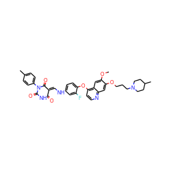 COc1cc2c(Oc3ccc(N/C=C4\C(=O)NC(=O)N(c5ccc(C)cc5)C4=O)cc3F)ccnc2cc1OCCCN1CCC(C)CC1 ZINC000150604247