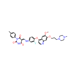 COc1cc2c(Oc3ccc(N/C=C4\C(=O)NC(=O)N(c5ccc(C)cc5)C4=O)cc3F)ccnc2cc1OCCCN1CCN(C)CC1 ZINC000150603830