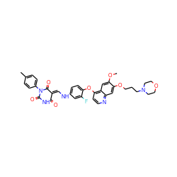 COc1cc2c(Oc3ccc(N/C=C4\C(=O)NC(=O)N(c5ccc(C)cc5)C4=O)cc3F)ccnc2cc1OCCCN1CCOCC1 ZINC000150603788