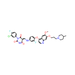 COc1cc2c(Oc3ccc(N/C=C4\C(=O)NC(=O)N(c5ccc(F)c(Cl)c5)C4=O)cc3F)ccnc2cc1OCCCN1CCC(C)CC1 ZINC000150604972