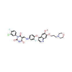 COc1cc2c(Oc3ccc(N/C=C4\C(=O)NC(=O)N(c5ccc(F)c(Cl)c5)C4=O)cc3F)ccnc2cc1OCCCN1CCOCC1 ZINC000150603808