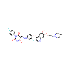 COc1cc2c(Oc3ccc(N/C=C4\C(=O)NC(=O)N(c5ccc(F)cc5)C4=O)cc3F)ccnc2cc1OCCCN1CCC(C)CC1 ZINC000150604967