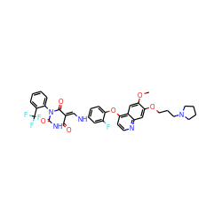 COc1cc2c(Oc3ccc(N/C=C4\C(=O)NC(=O)N(c5ccccc5C(F)(F)F)C4=O)cc3F)ccnc2cc1OCCCN1CCCC1 ZINC000150603783