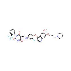 COc1cc2c(Oc3ccc(N/C=C4\C(=O)NC(=O)N(c5ccccc5C(F)(F)F)C4=O)cc3F)ccnc2cc1OCCCN1CCCCC1 ZINC000150604235