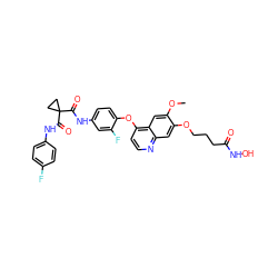 COc1cc2c(Oc3ccc(NC(=O)C4(C(=O)Nc5ccc(F)cc5)CC4)cc3F)ccnc2cc1OCCCC(=O)NO ZINC000205368558