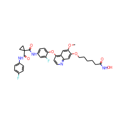 COc1cc2c(Oc3ccc(NC(=O)C4(C(=O)Nc5ccc(F)cc5)CC4)cc3F)ccnc2cc1OCCCCCC(=O)NO ZINC000205369245