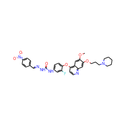 COc1cc2c(Oc3ccc(NC(=O)N/N=C/c4ccc([N+](=O)[O-])cc4)cc3F)ccnc2cc1OCCCN1CCCCC1 ZINC000096283539