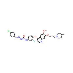 COc1cc2c(Oc3ccc(NC(=O)N/N=C/c4ccc(Cl)cc4)cc3F)ccnc2cc1OCCCN1CCC(C)CC1 ZINC000096283550