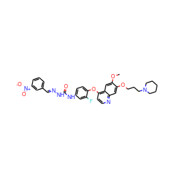 COc1cc2c(Oc3ccc(NC(=O)N/N=C/c4cccc([N+](=O)[O-])c4)cc3F)ccnc2cc1OCCCN1CCCCC1 ZINC000096283540