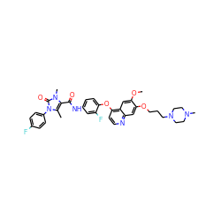 COc1cc2c(Oc3ccc(NC(=O)c4c(C)n(-c5ccc(F)cc5)c(=O)n4C)cc3F)ccnc2cc1OCCCN1CCN(C)CC1 ZINC000474608407