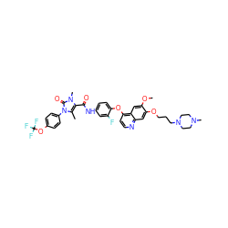 COc1cc2c(Oc3ccc(NC(=O)c4c(C)n(-c5ccc(OC(F)(F)F)cc5)c(=O)n4C)cc3F)ccnc2cc1OCCCN1CCN(C)CC1 ZINC000474609870