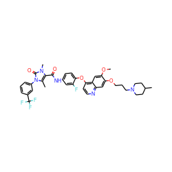 COc1cc2c(Oc3ccc(NC(=O)c4c(C)n(-c5cccc(C(F)(F)F)c5)c(=O)n4C)cc3F)ccnc2cc1OCCCN1CCC(C)CC1 ZINC000473095971