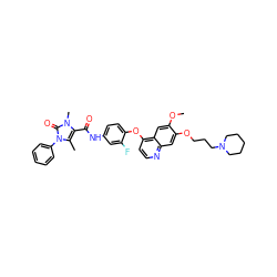 COc1cc2c(Oc3ccc(NC(=O)c4c(C)n(-c5ccccc5)c(=O)n4C)cc3F)ccnc2cc1OCCCN1CCCCC1 ZINC000474604763