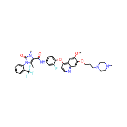 COc1cc2c(Oc3ccc(NC(=O)c4c(C)n(-c5ccccc5C(F)(F)F)c(=O)n4C)cc3F)ccnc2cc1OCCCN1CCN(C)CC1 ZINC000473090923